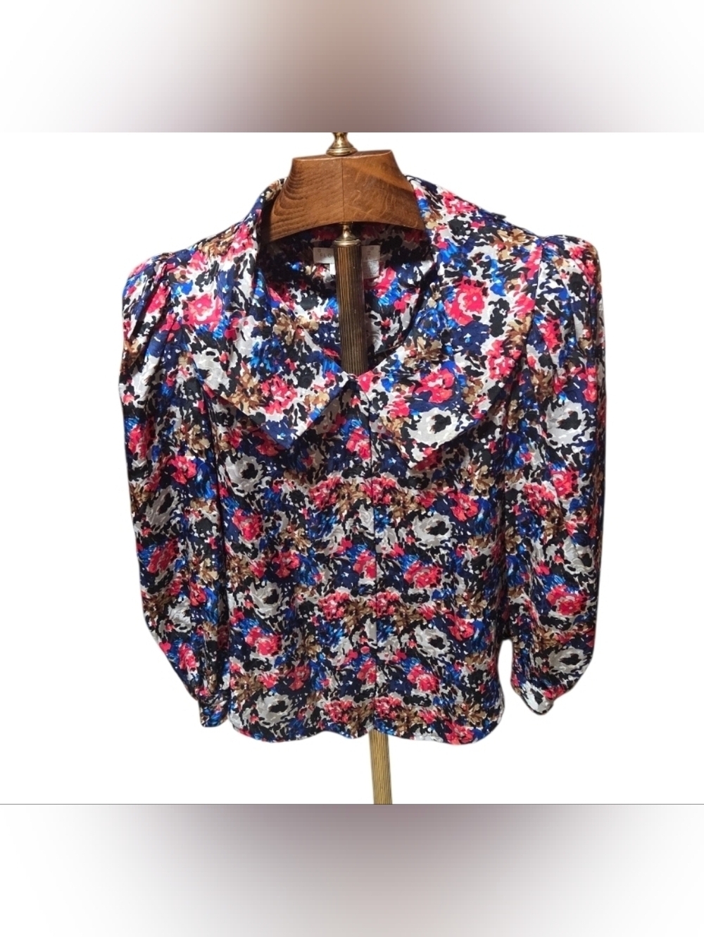 Vintage Flora Kung 100% Silk Floral Peter Pan Collar Puff Sleeve Blouse Size 8